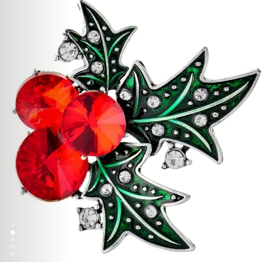 NWOT - Elegant Red & Green Holly Brooch
